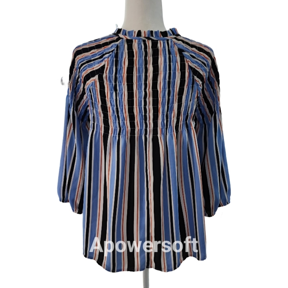 A.N.A Blue Black Orange White Striped Peasant Top with Peasant Sleeves - Picture 2 of 7
